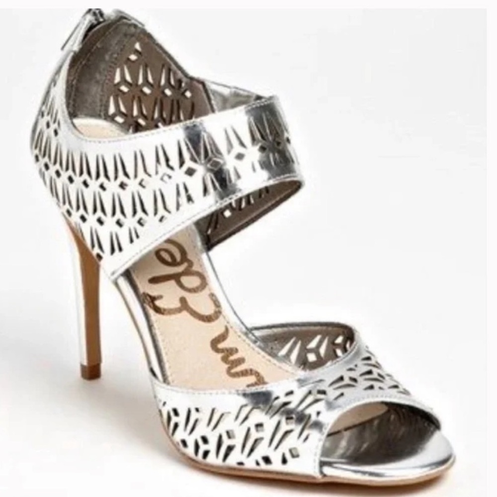 SAM EDELMAN - Alva Mirror Sliver Open Toe Heels Size 8.5